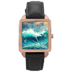 Waves Ocean Sea Tsunami Nautical Blue Rose Gold Leather Watch  by Jancukart