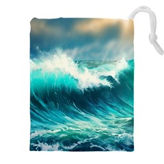 Waves Ocean Sea Tsunami Nautical Blue Drawstring Pouch (4xl) by Jancukart