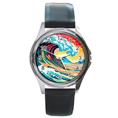 Waves Ocean Sea Tsunami Nautical 8 Round Metal Watch by Jancukart