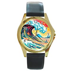 Waves Ocean Sea Tsunami Nautical 8 Round Gold Metal Watch by Jancukart