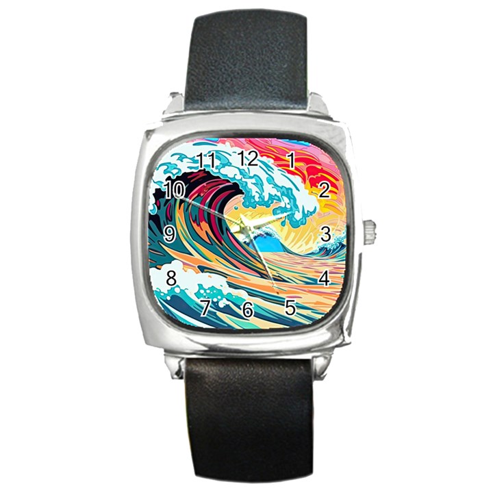 Waves Ocean Sea Tsunami Nautical 8 Square Metal Watch