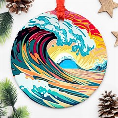 Waves Ocean Sea Tsunami Nautical 8 Round Ornament (two Sides)