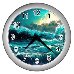 Tsunami Waves Ocean Sea Nautical Nature Water 5 Wall Clock (silver) by Jancukart