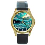 Tsunami Waves Ocean Sea Nautical Nature Water 5 Round Gold Metal Watch Front