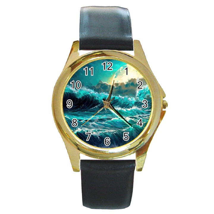 Tsunami Waves Ocean Sea Nautical Nature Water 5 Round Gold Metal Watch