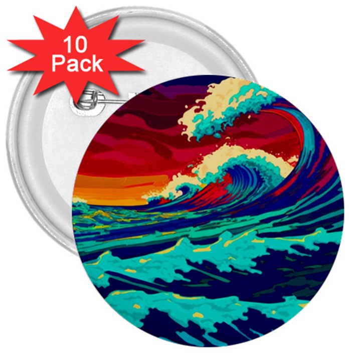 Tsunami Waves Ocean Sea Nautical Nature Water 9 3  Buttons (10 pack) 