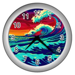 Tsunami Waves Ocean Sea Nautical Nature Water 9 Wall Clock (silver)