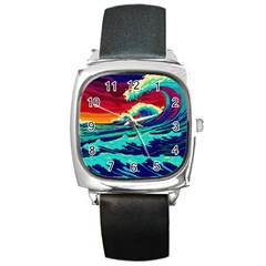 Tsunami Waves Ocean Sea Nautical Nature Water 9 Square Metal Watch by Jancukart