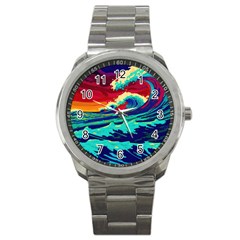 Tsunami Waves Ocean Sea Nautical Nature Water 9 Sport Metal Watch by Jancukart