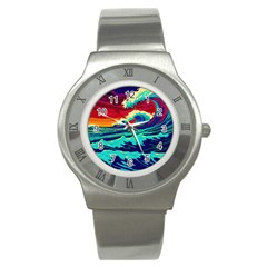 Tsunami Waves Ocean Sea Nautical Nature Water 9 Stainless Steel Watch by Jancukart