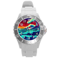 Tsunami Waves Ocean Sea Nautical Nature Water 9 Round Plastic Sport Watch (l) by Jancukart