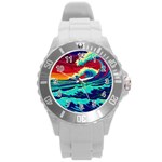 Tsunami Waves Ocean Sea Nautical Nature Water 9 Round Plastic Sport Watch (L) Front