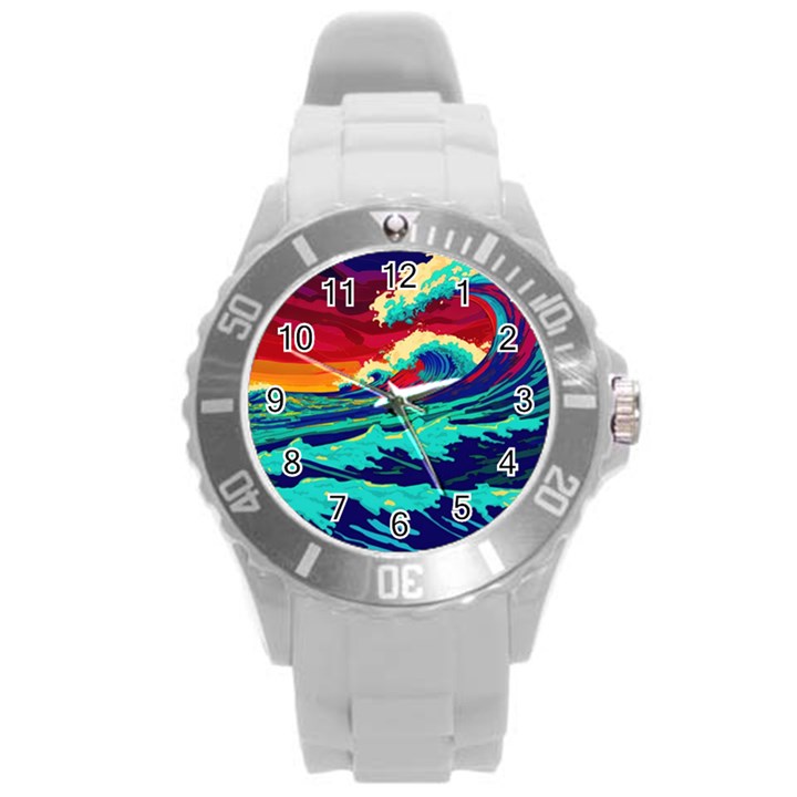 Tsunami Waves Ocean Sea Nautical Nature Water 9 Round Plastic Sport Watch (L)