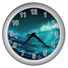 Tsunami Waves Ocean Sea Nautical Nature Water 7 Wall Clock (silver) by Jancukart