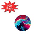 Tsunami Waves Ocean Sea Nautical Nature Water Blue Pink 1  Mini Buttons (100 pack)  Front