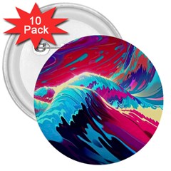 Tsunami Waves Ocean Sea Nautical Nature Water Blue Pink 3  Buttons (10 Pack) 