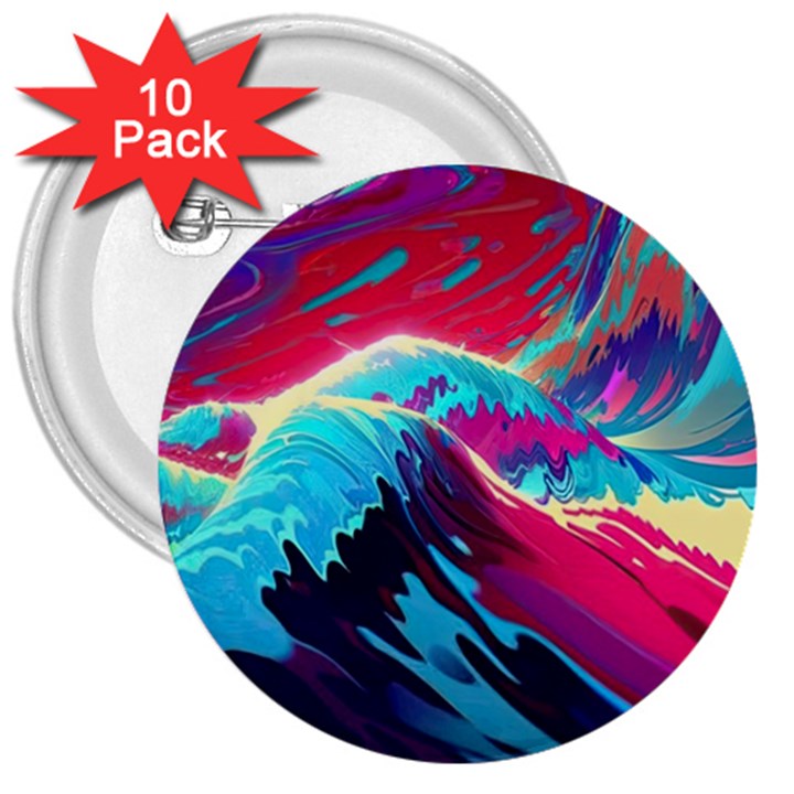 Tsunami Waves Ocean Sea Nautical Nature Water Blue Pink 3  Buttons (10 pack) 