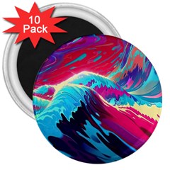 Tsunami Waves Ocean Sea Nautical Nature Water Blue Pink 3  Magnets (10 Pack)  by Jancukart