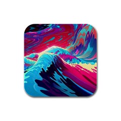 Tsunami Waves Ocean Sea Nautical Nature Water Blue Pink Rubber Square Coaster (4 Pack) by Jancukart