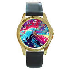 Tsunami Waves Ocean Sea Nautical Nature Water Blue Pink Round Gold Metal Watch by Jancukart