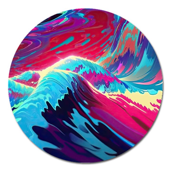 Tsunami Waves Ocean Sea Nautical Nature Water Blue Pink Magnet 5  (Round)