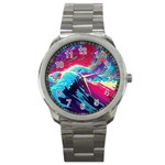 Tsunami Waves Ocean Sea Nautical Nature Water Blue Pink Sport Metal Watch Front