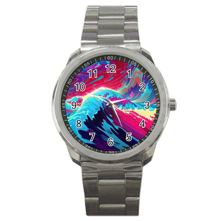 Tsunami Waves Ocean Sea Nautical Nature Water Blue Pink Sport Metal Watch