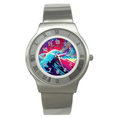 Tsunami Waves Ocean Sea Nautical Nature Water Blue Pink Stainless Steel Watch by Jancukart