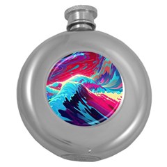 Tsunami Waves Ocean Sea Nautical Nature Water Blue Pink Round Hip Flask (5 Oz) by Jancukart