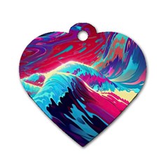 Tsunami Waves Ocean Sea Nautical Nature Water Blue Pink Dog Tag Heart (two Sides)