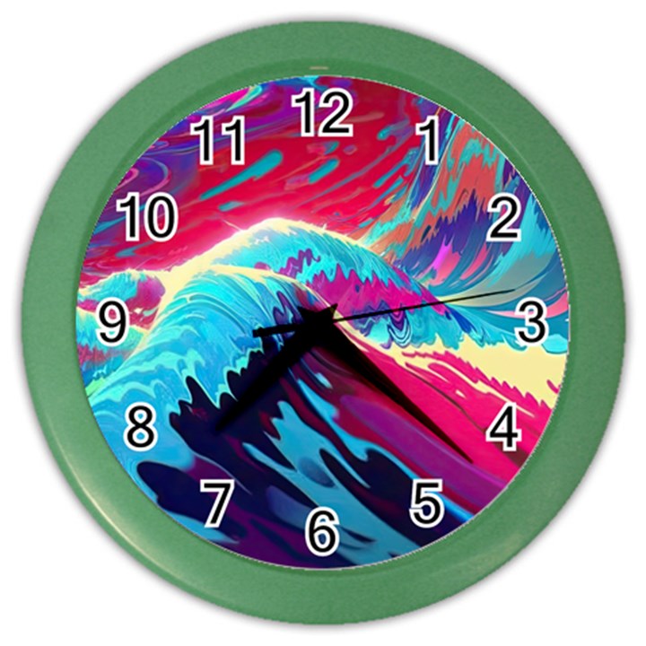 Tsunami Waves Ocean Sea Nautical Nature Water Blue Pink Color Wall Clock