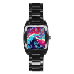 Tsunami Waves Ocean Sea Nautical Nature Water Blue Pink Stainless Steel Barrel Watch