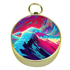 Tsunami Waves Ocean Sea Nautical Nature Water Blue Pink Gold Compasses by Jancukart