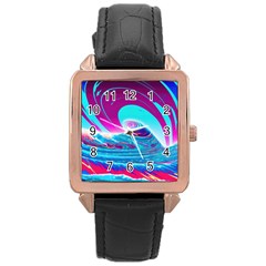 Tsunami Waves Ocean Sea Nautical Nature Water 3 Rose Gold Leather Watch  by Jancukart