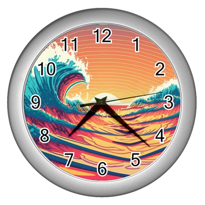 Waves Ocean Sea Tsunami Nautical 6 Wall Clock (Silver)