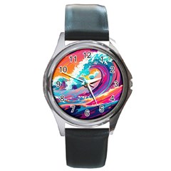 Tsunami Waves Ocean Sea Nautical Nature Water 2 Round Metal Watch by Jancukart