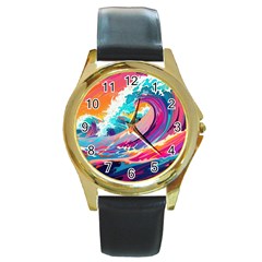 Tsunami Waves Ocean Sea Nautical Nature Water 2 Round Gold Metal Watch by Jancukart