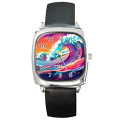 Tsunami Waves Ocean Sea Nautical Nature Water 2 Square Metal Watch by Jancukart