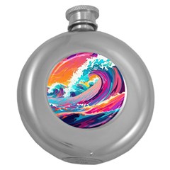 Tsunami Waves Ocean Sea Nautical Nature Water 2 Round Hip Flask (5 Oz) by Jancukart