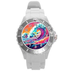 Tsunami Waves Ocean Sea Nautical Nature Water 2 Round Plastic Sport Watch (l) by Jancukart