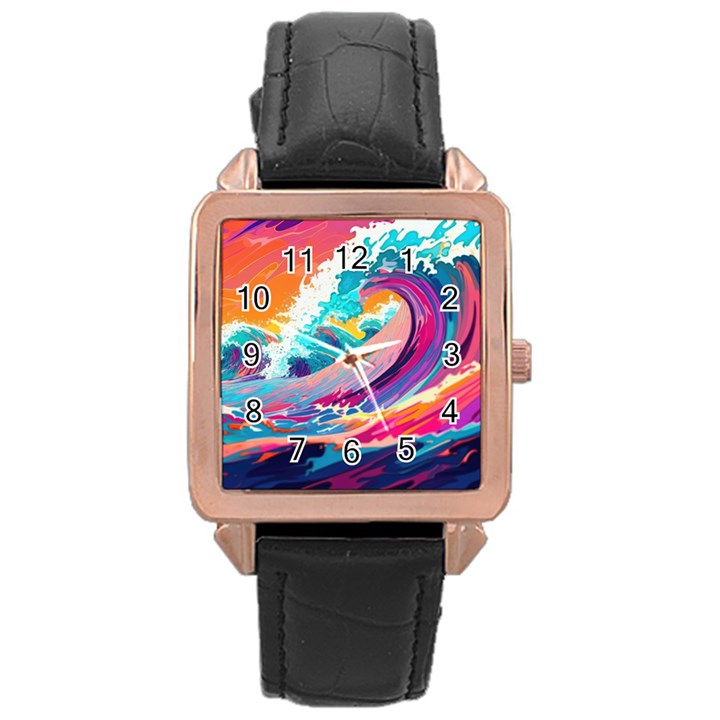 Tsunami Waves Ocean Sea Nautical Nature Water 2 Rose Gold Leather Watch 