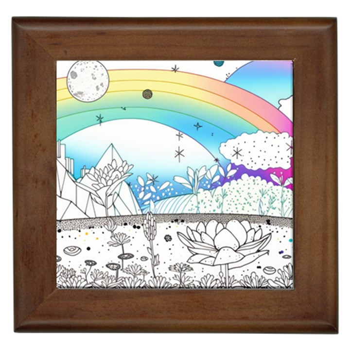 Rainbow Fun Cute Minimal Doodle Drawing 2 Framed Tile