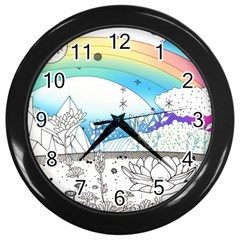 Rainbow Fun Cute Minimal Doodle Drawing 2 Wall Clock (black)