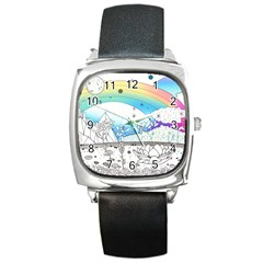 Rainbow Fun Cute Minimal Doodle Drawing 2 Square Metal Watch