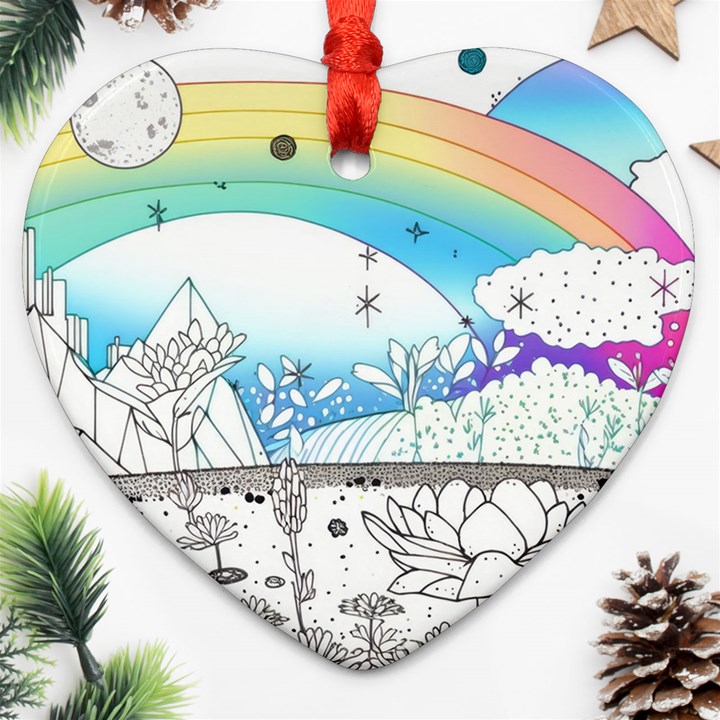 Rainbow Fun Cute Minimal Doodle Drawing 2 Heart Ornament (Two Sides)