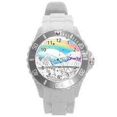 Rainbow Fun Cute Minimal Doodle Drawing 2 Round Plastic Sport Watch (l) by Jancukart