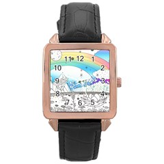 Rainbow Fun Cute Minimal Doodle Drawing 2 Rose Gold Leather Watch 