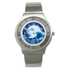 Waves Ocean Sea Tsunami Nautical 7 Stainless Steel Watch by Jancukart