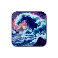 Storm Tsunami Waves Ocean Sea Nautical Nature Rubber Coaster (square) by Jancukart