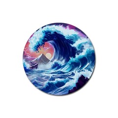 Storm Tsunami Waves Ocean Sea Nautical Nature Rubber Round Coaster (4 Pack) by Jancukart